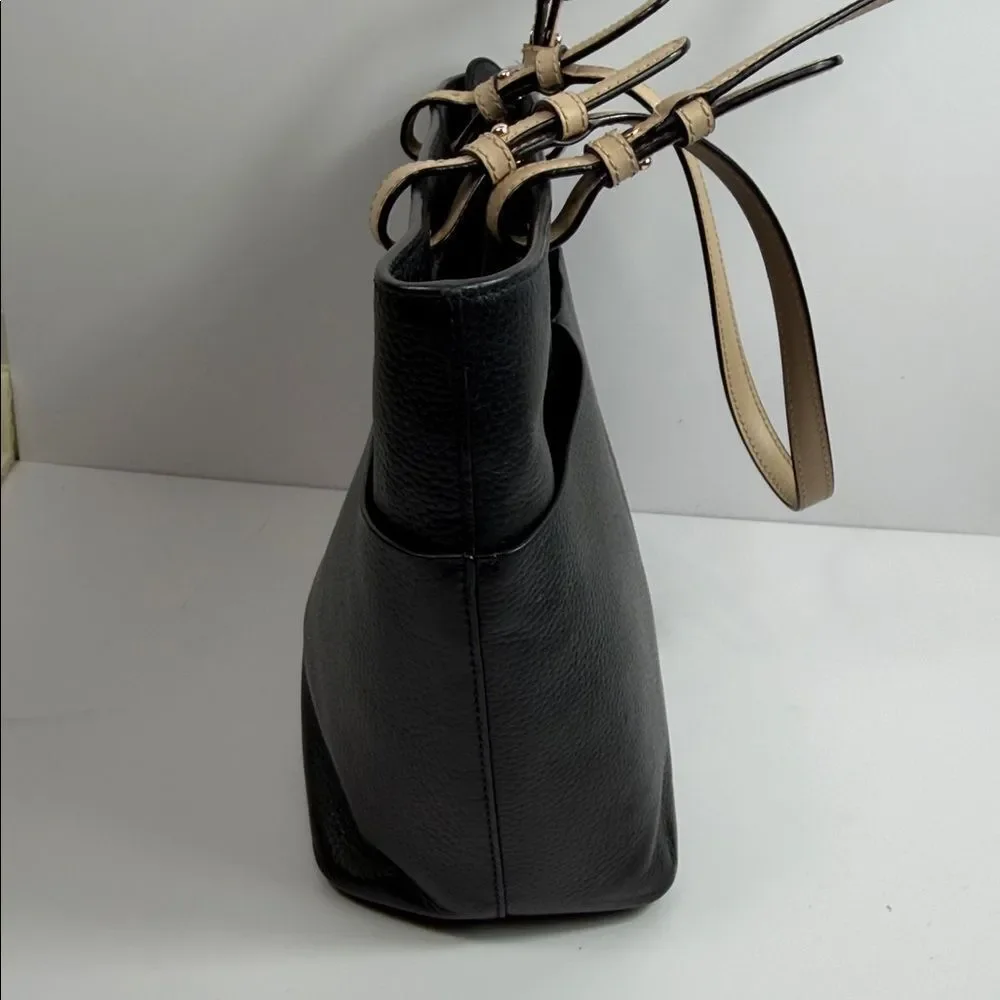 Michael Kors Black Pebbled Leather Tote Bag Beige Straps Large Shoulder Purse